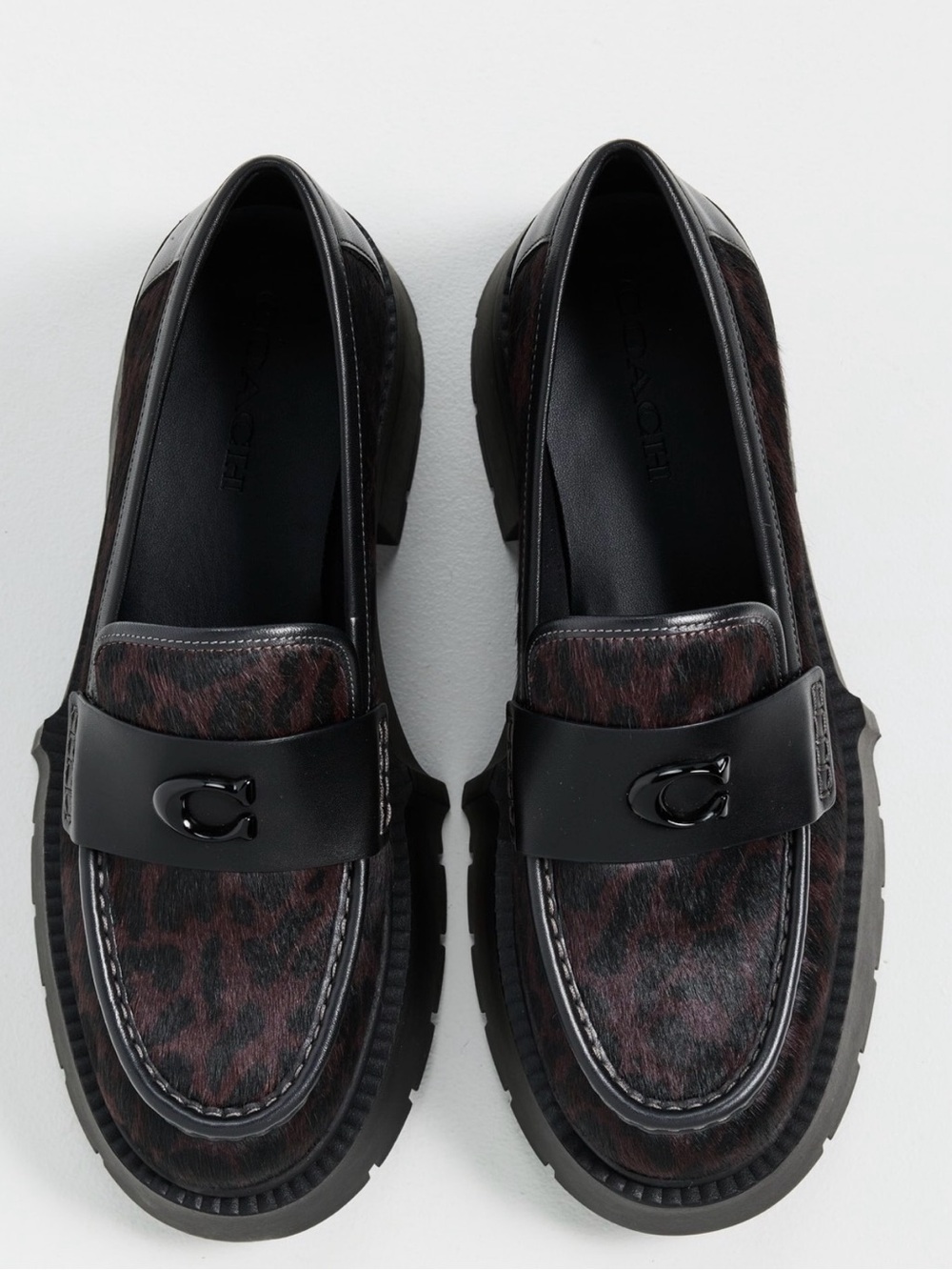 NWT Coach Woman Black Brown Leopard-Print Leather Loafers.